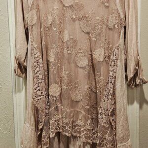 GANDAL Women's Rose Pink 2 Piece Dressy Lacey Tunic Top L